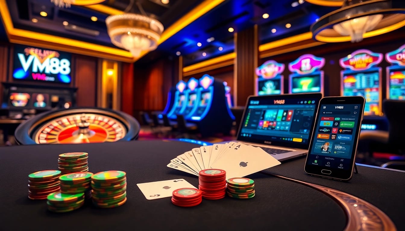 Professional gambler placing strategic bet at VM88 online casino poker table with chips and cards
