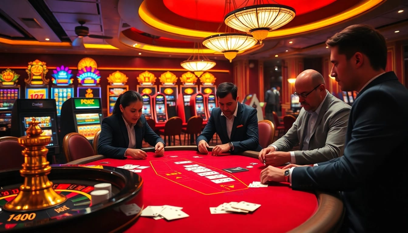 Experience the thrill of rr88k1 com with an exciting casino scene highlighting poker and slot machines.