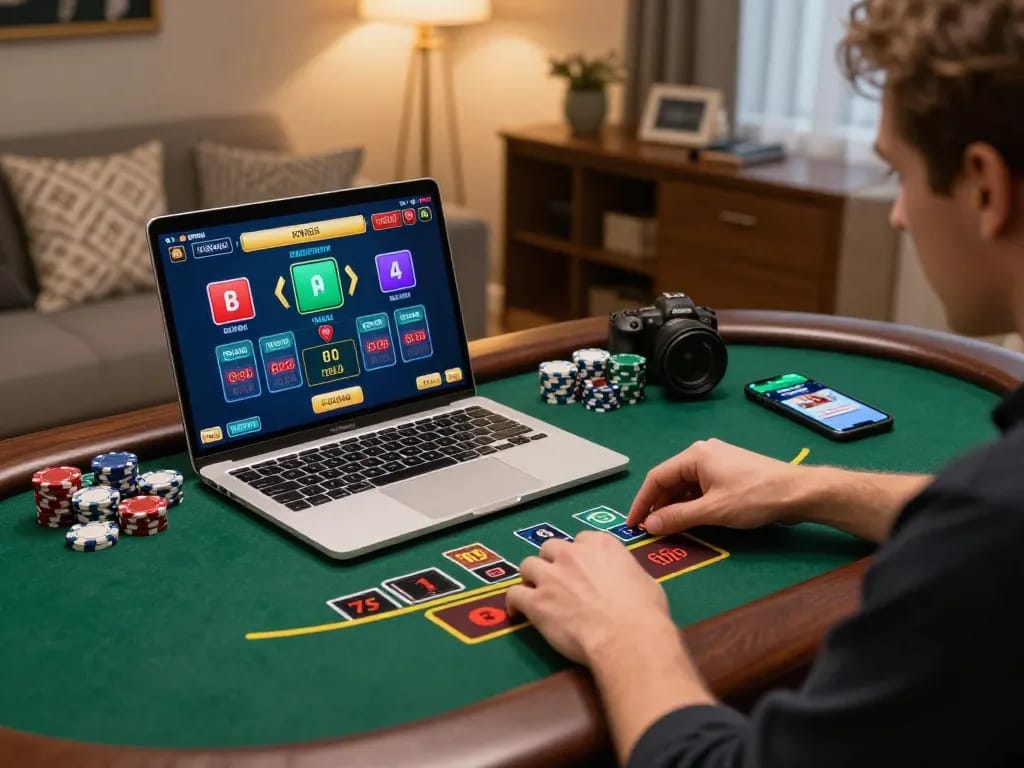 Engaging in a live dealer game at RR88, showcasing strategic gameplay and a modern online setup.