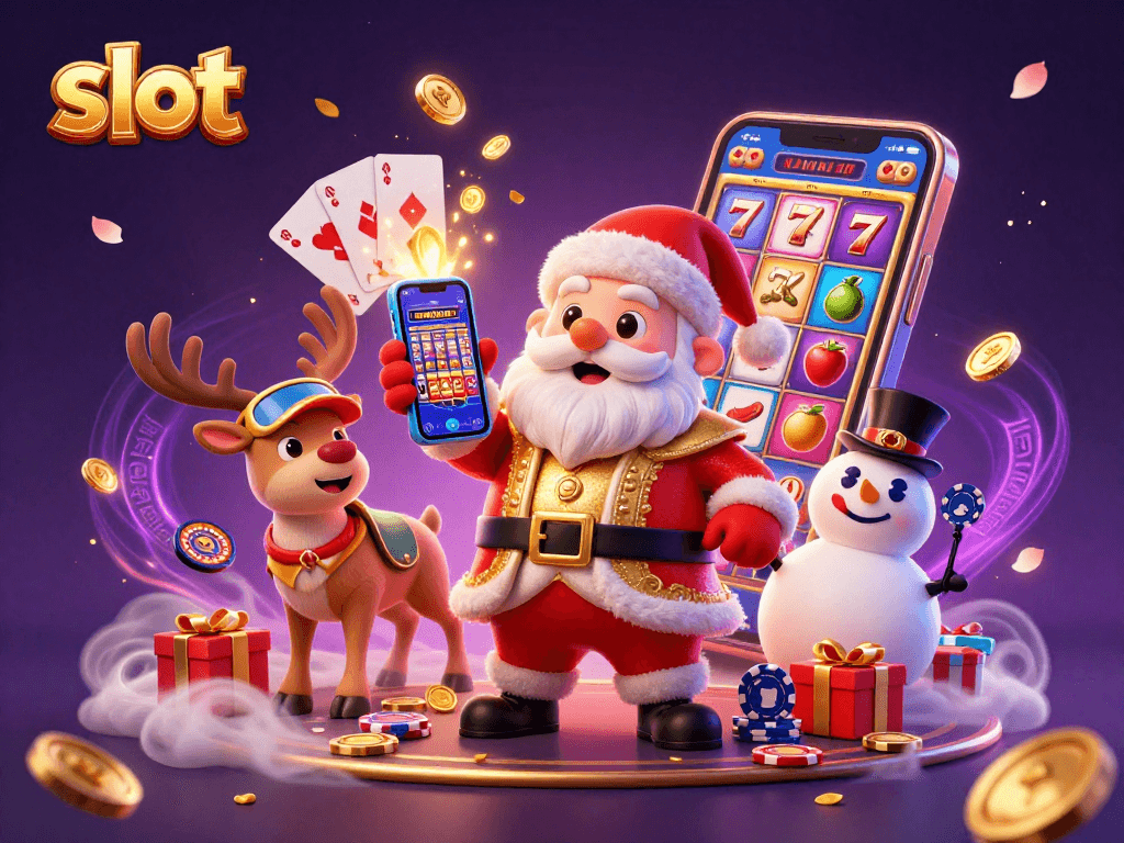 Spin the slot reels with Santa and friends in a colorful casino illustration.