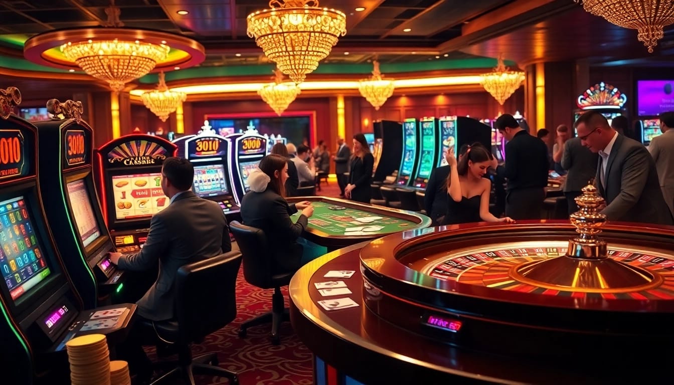 Players enjoying slot machines and poker at the online casino link thabet, showcasing excitement and luxury in gaming.