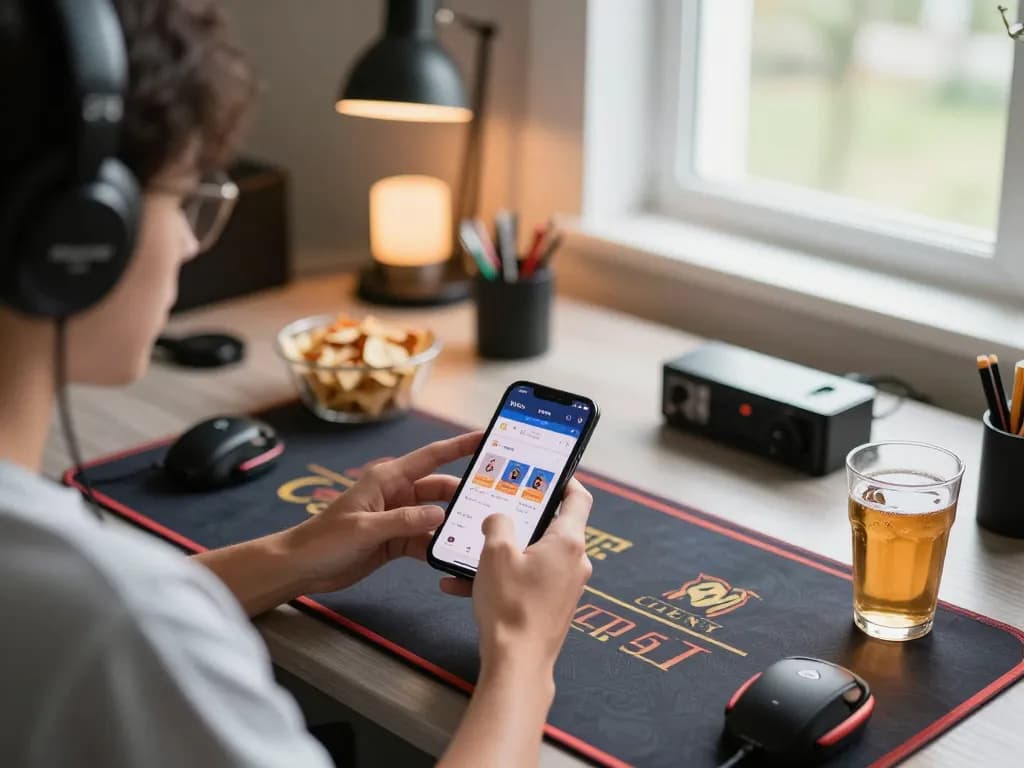 Player engaging with W4U app on smartphone during online gambling session at home.