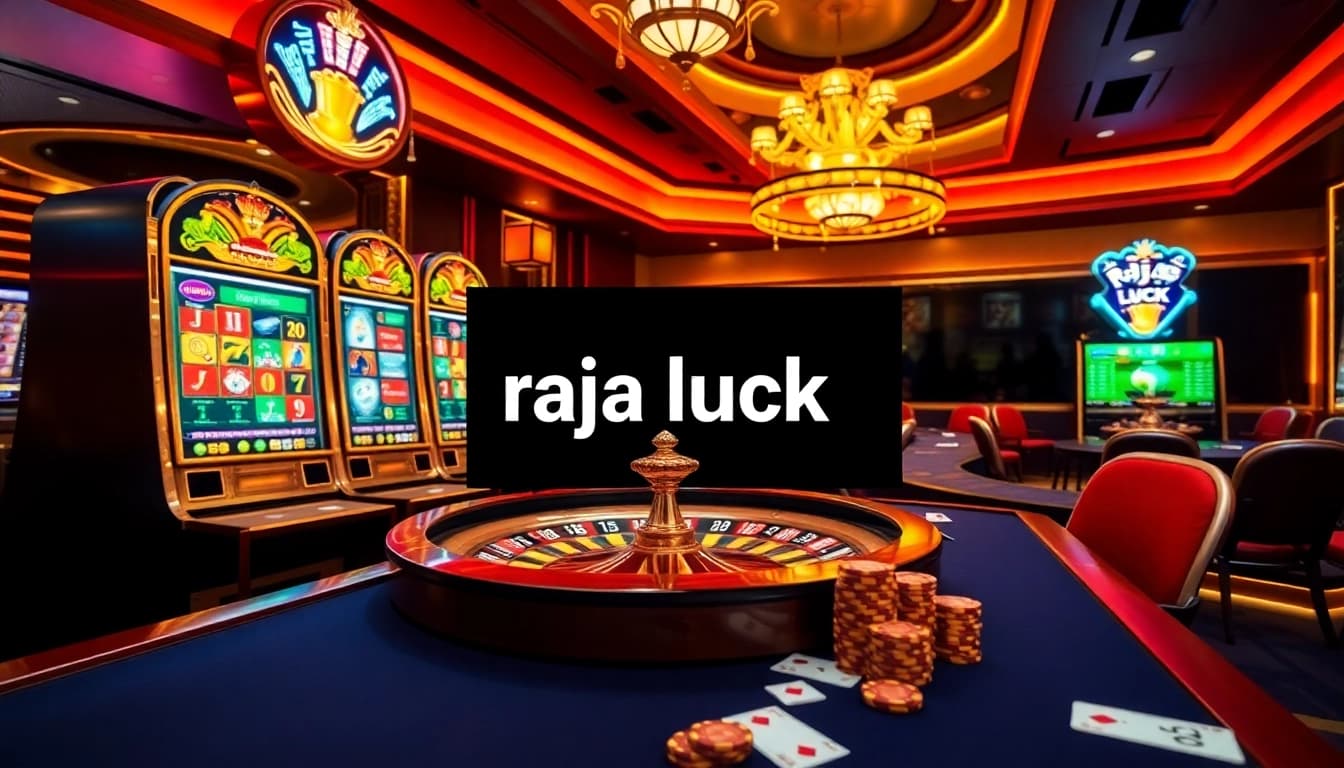 Experience the thrill of raja luck in a luxurious casino setting with vibrant slot machines and a spinning roulette wheel.
