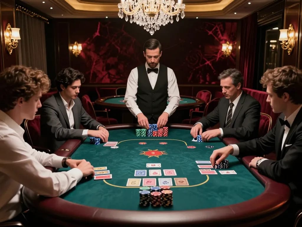 B52Club players enjoying a thrilling high-stakes poker game in a luxurious gaming room filled with sophisticated decor.
