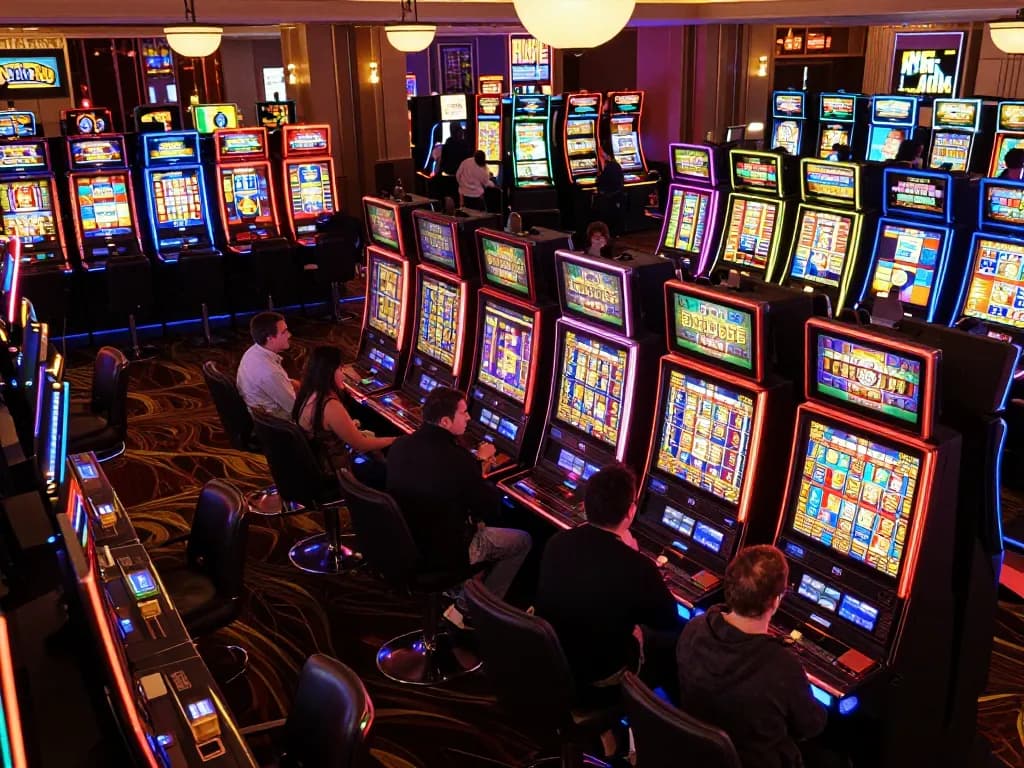 Engaging scene of players at slot machines focusing on chances to win, highlighting the excitement of slot 92 gameplay.