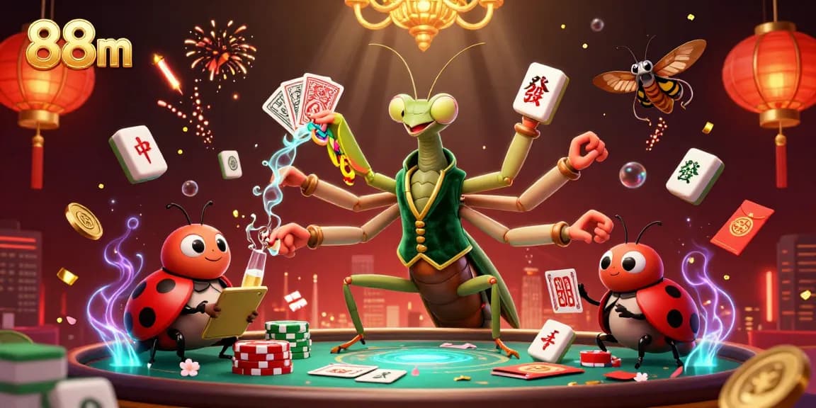 Experience the excitement of 88m's vibrant casino scene with a giant mantis dealing cards and a ladybug pit boss.