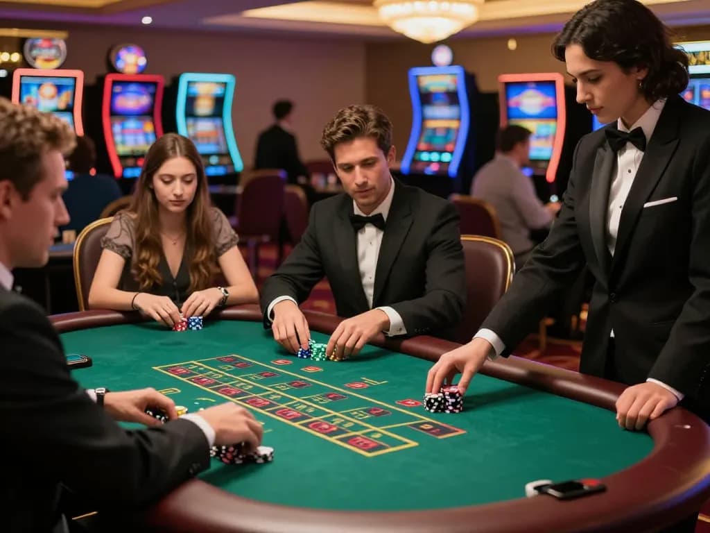 Engaging moment at fabet blackjack table with players placing bets and interactive dealer.