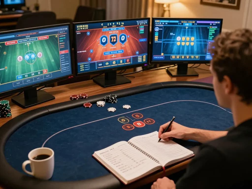 Engaged player strategizing for nk88 poker game on multiple screens at home.