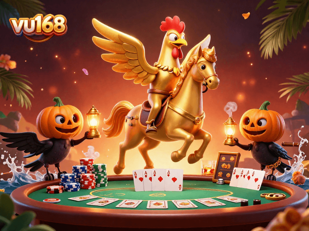 Experience excitement at vu168 with vibrant casino action featuring golden rooster and friends.