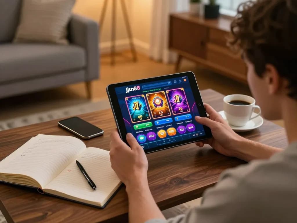 Engaged player using jjun88 app for online casino gaming in a cozy home setting