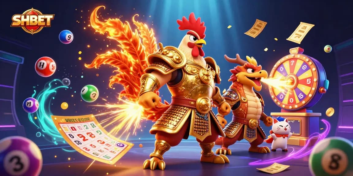 SHBET showcases a vibrant 3D cartoon battle scene with a rooster warrior and dragon, celebrating the excitement of casino gaming.
