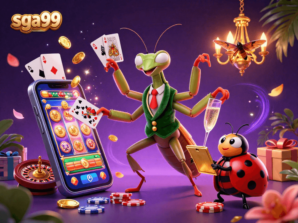 Experience thrilling gameplay with sga99 as a giant mantis card sharp deals cards in a vibrant casino scene.
