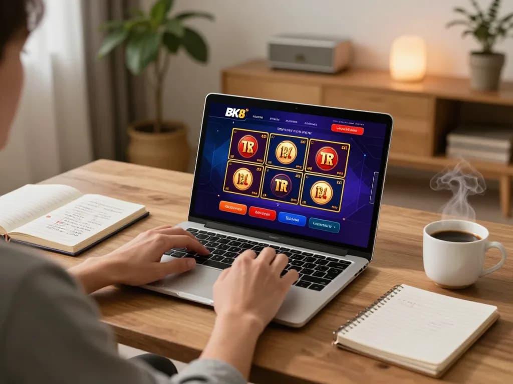 Engaging with BK8's online casino platform through a laptop while utilizing strategic notes.