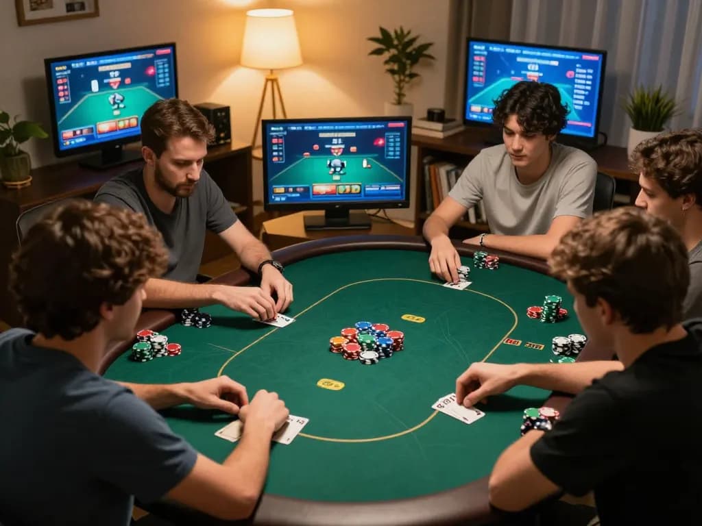 Engaged players enjoying a game of poker on megaplus88, showcasing chips and digital displays in a cozy home setting.