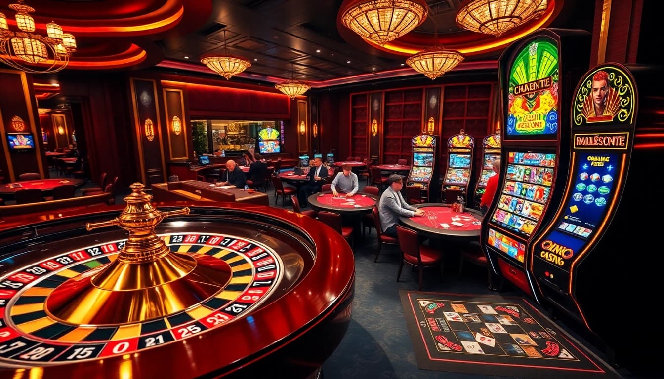 Dynamic casino scene with players enjoying games at nhà cái sx88, focused on roulette and poker tables.