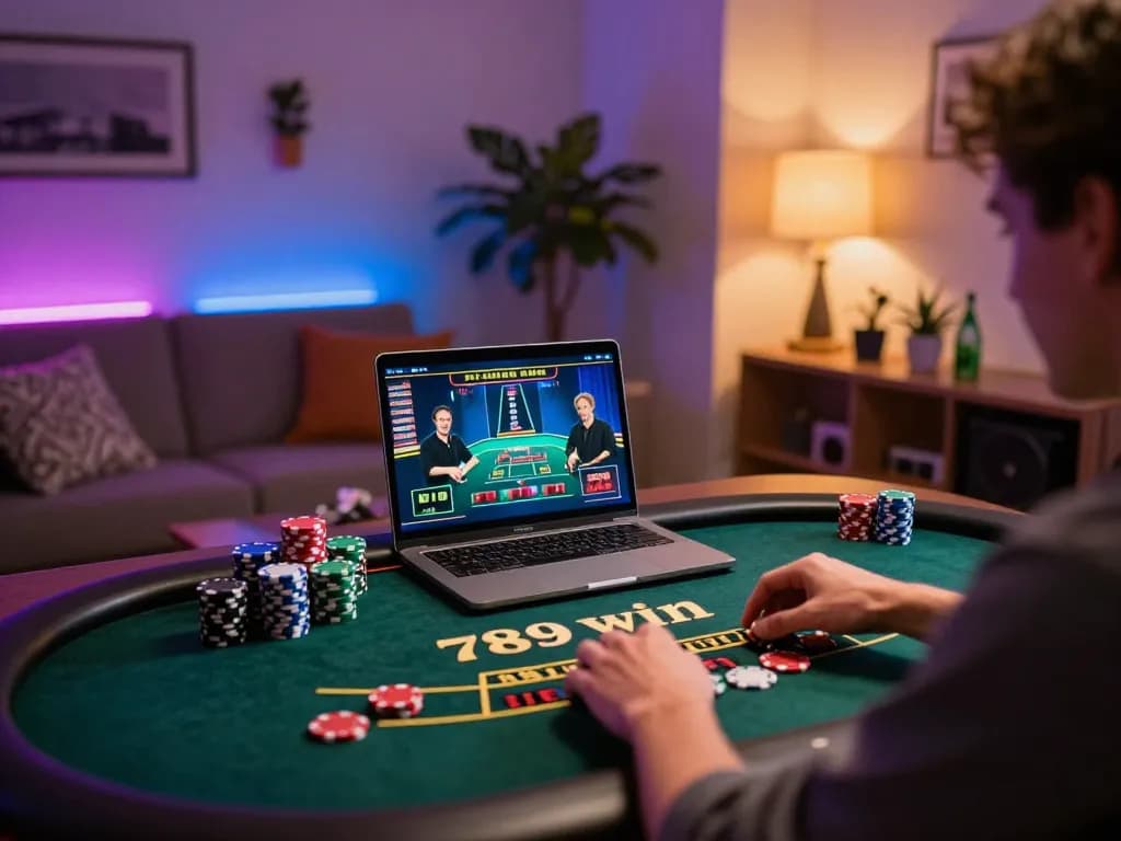 Engaging gameplay at 789win online blackjack table, highlighting excitement in a cozy home setting