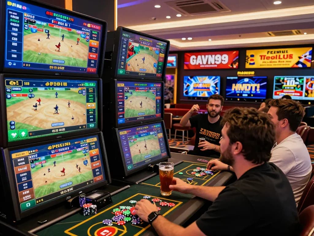 Gamers enjoying thrilling online cockfighting at https://gavn99.org/, featuring vibrant interface and live betting.