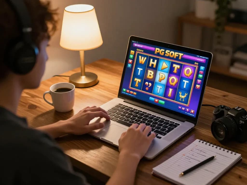 Bermain permainan slot demo PG Soft di laptop dalam pengaturan rumah yang nyaman, menyoroti permainan yang bertanggung jawab.