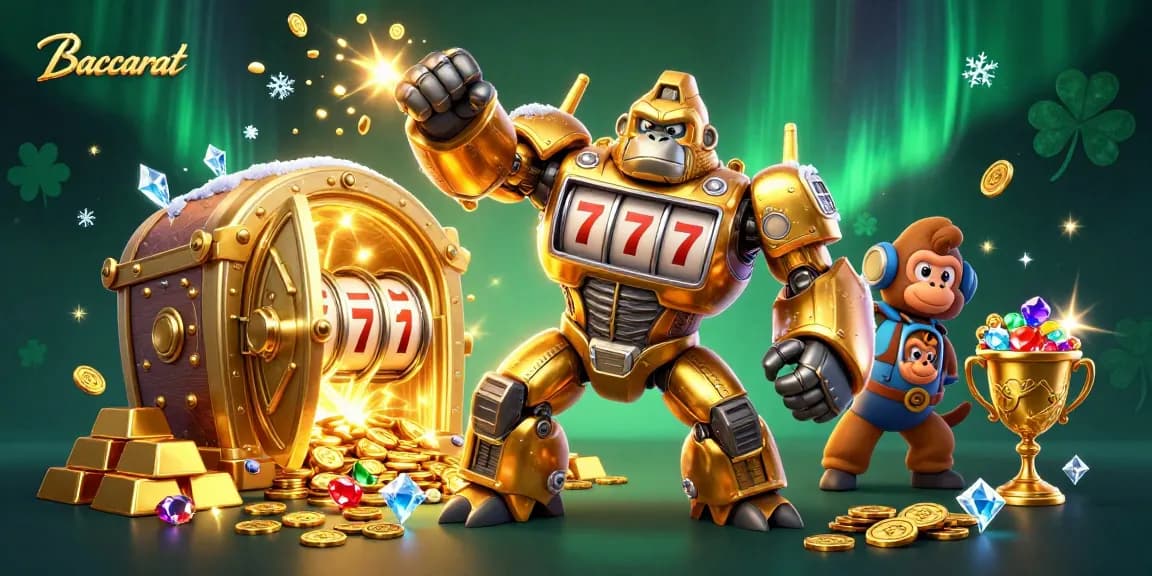 Experience thrilling Baccarat action with the dynamic golden gorilla mech amid treasures.