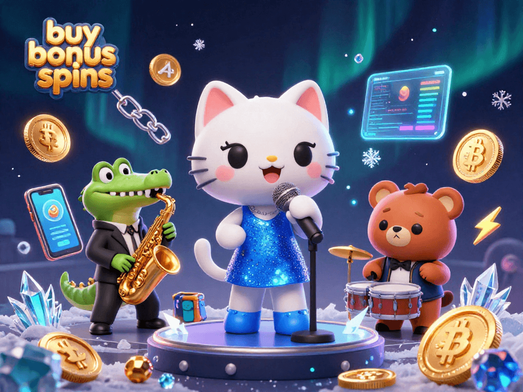 Engage with the excitement of buy bonus spins amidst vibrant casino characters and crypto elements.