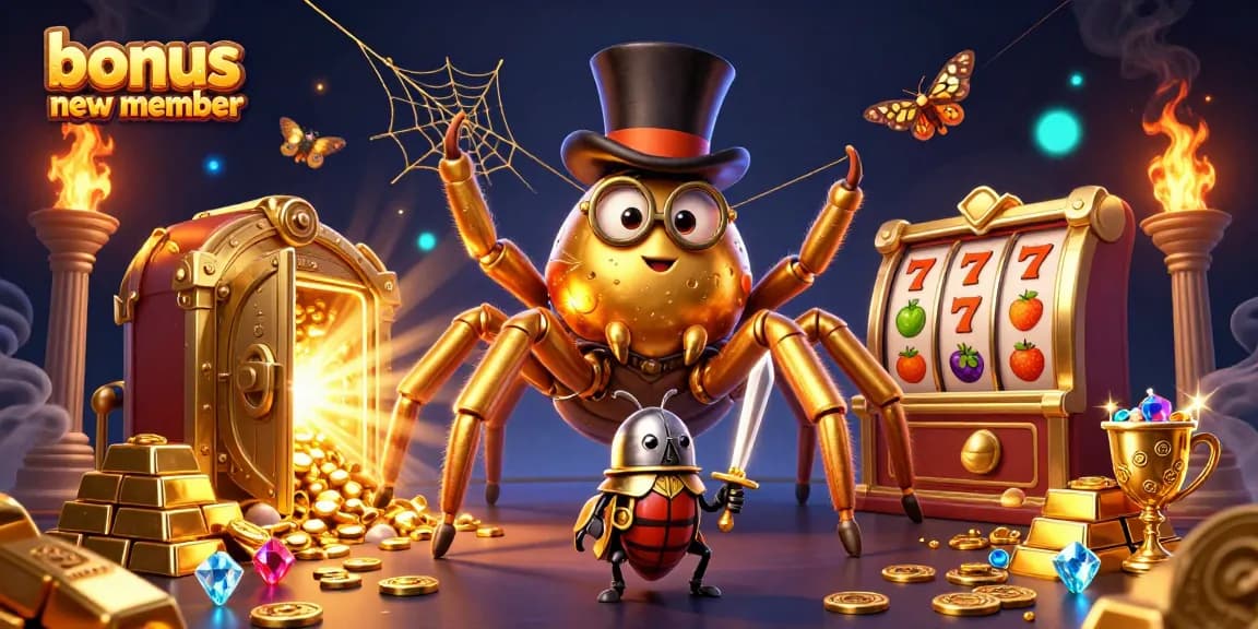 Uncover bonus new member opportunities with a vibrant 3D casino illustration featuring vibrant slot reels and rich treasure.