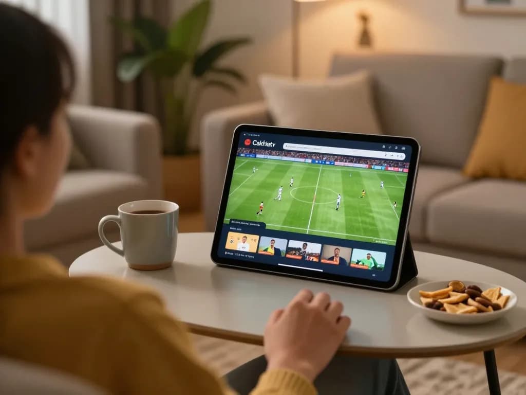 Engaging in footbal stream Cakhiatv while relaxing at home with snacks and tablet