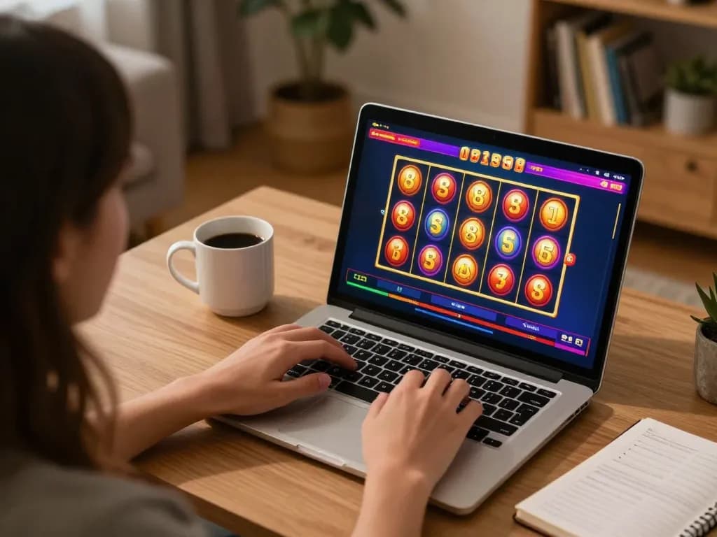 Player enjoying slot88 game on laptop at home, showcasing a vibrant and engaging online casino experience.