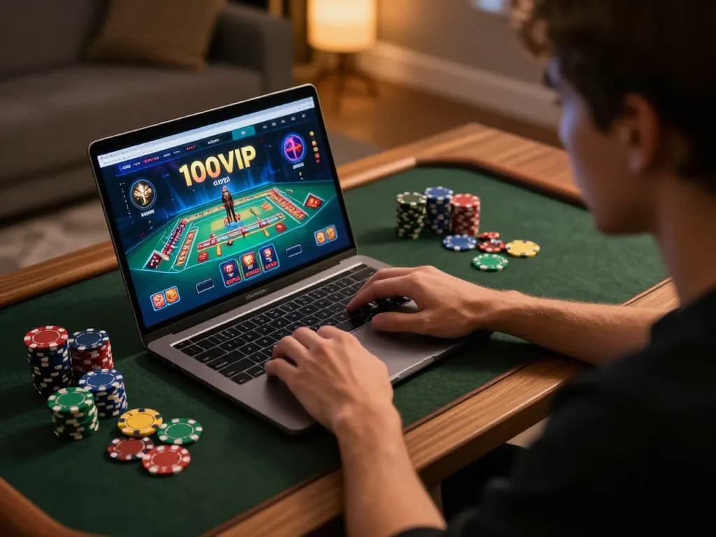 Player engaging with the 100VIP online casino interface, surrounded by digital tokens and chips in a cozy gaming setup.