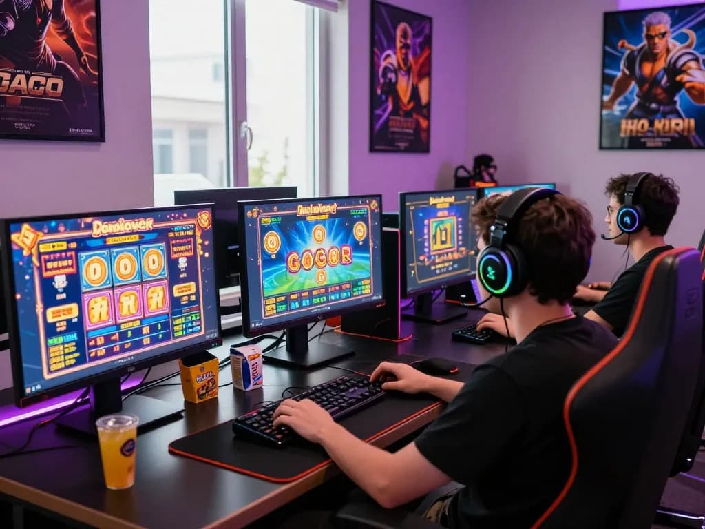 Skena permainan slot gacor hari ini yang menarik dengan pemain di pengaturan multi-layar, grafik berwarna-warni, dan suasana yang mendalam.