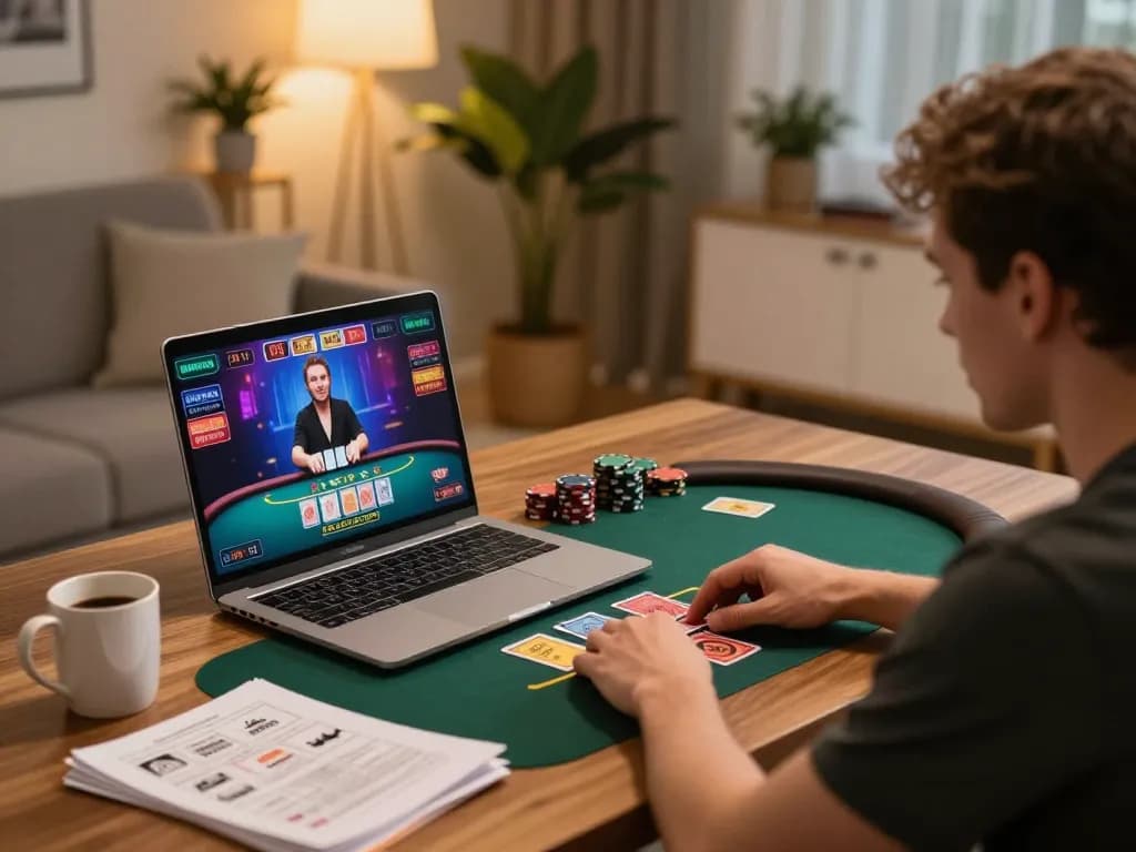 Engaged player at https://www.dacsandatphanrang.com/ using laptop for online live dealer gaming in cozy environment.