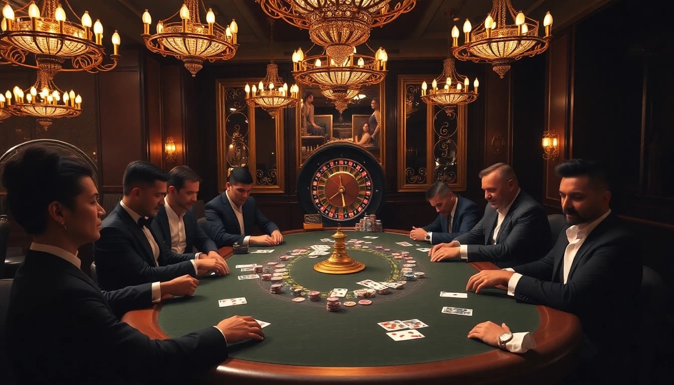 Engaged players strategizing at the DH88 poker table in an elegant casino setting.