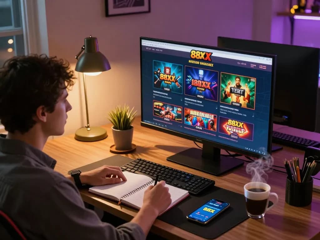 A gamer enjoying the 88xx online casino experience, focused on gameplay with a cozy setup.
