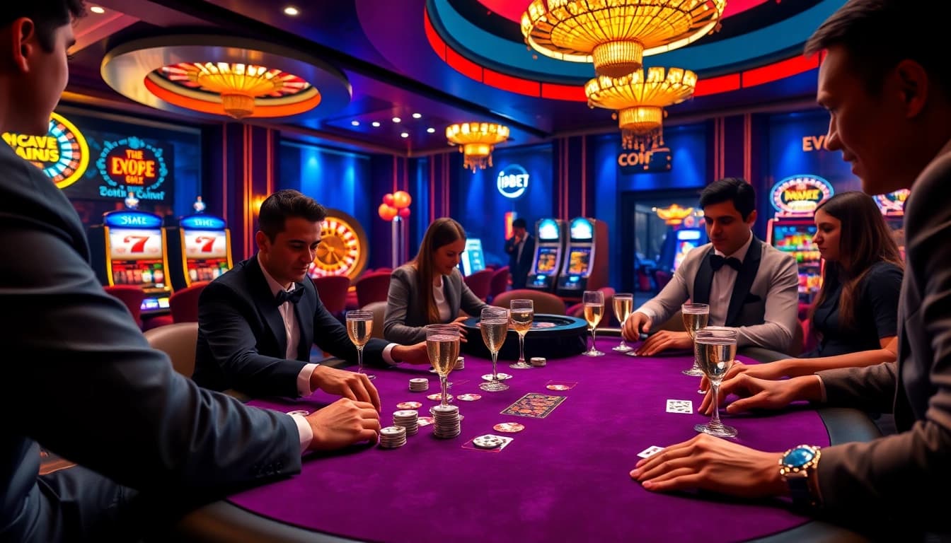 Experience high-stakes gaming at i9bet with players enjoying poker and roulette in a luxurious casino setting.