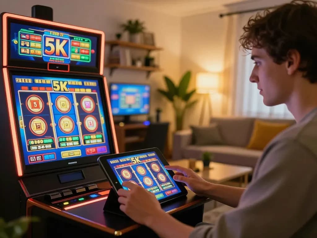 Playing a slot 5k game on a tablet in a cozy home setting, highlighting responsible gaming.