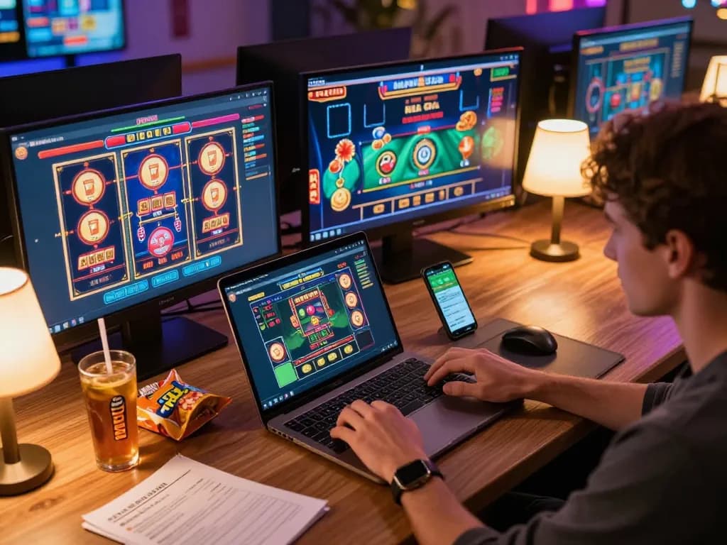 Engaging with dinamit4d online gaming screens, showcasing strategic gameplay in a modern setup