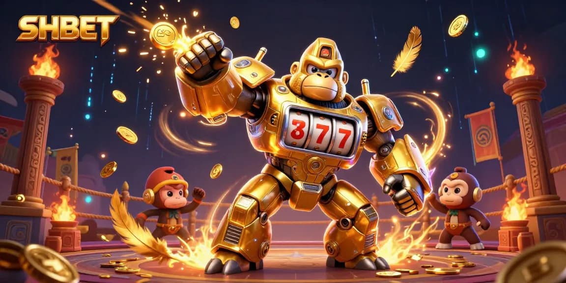 SHBET showcases thrilling action with a vibrant golden gorilla mech and dynamic casinoscape.