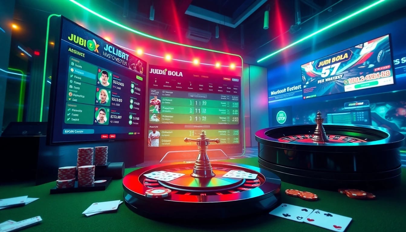 Excited bettors engaging with Judi Bola's online betting interface amid vibrant casino visuals.