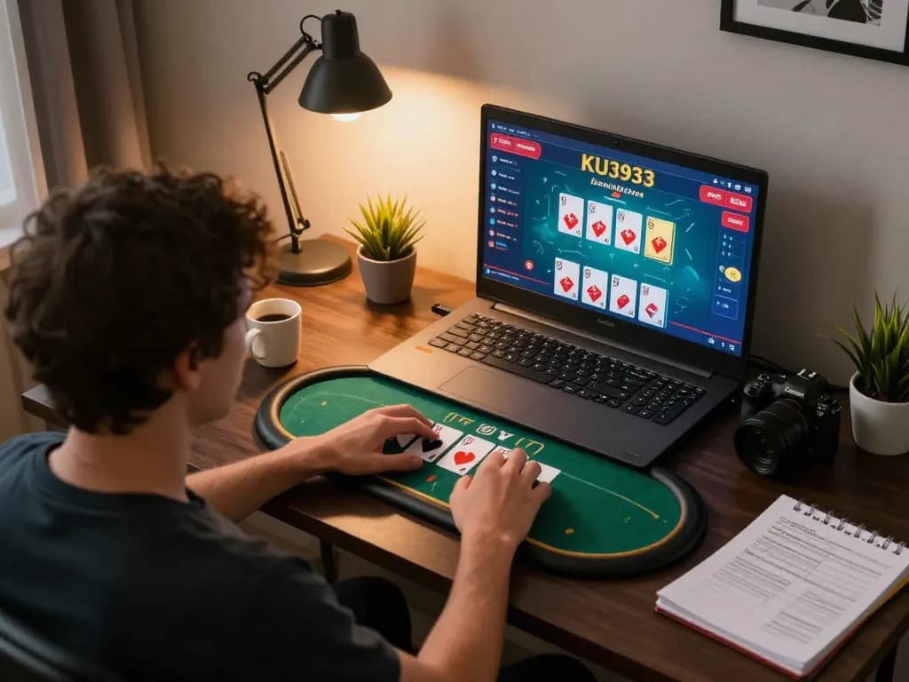 Person enjoying a strategic poker game on KU3933's online casino platform while seated at home office.