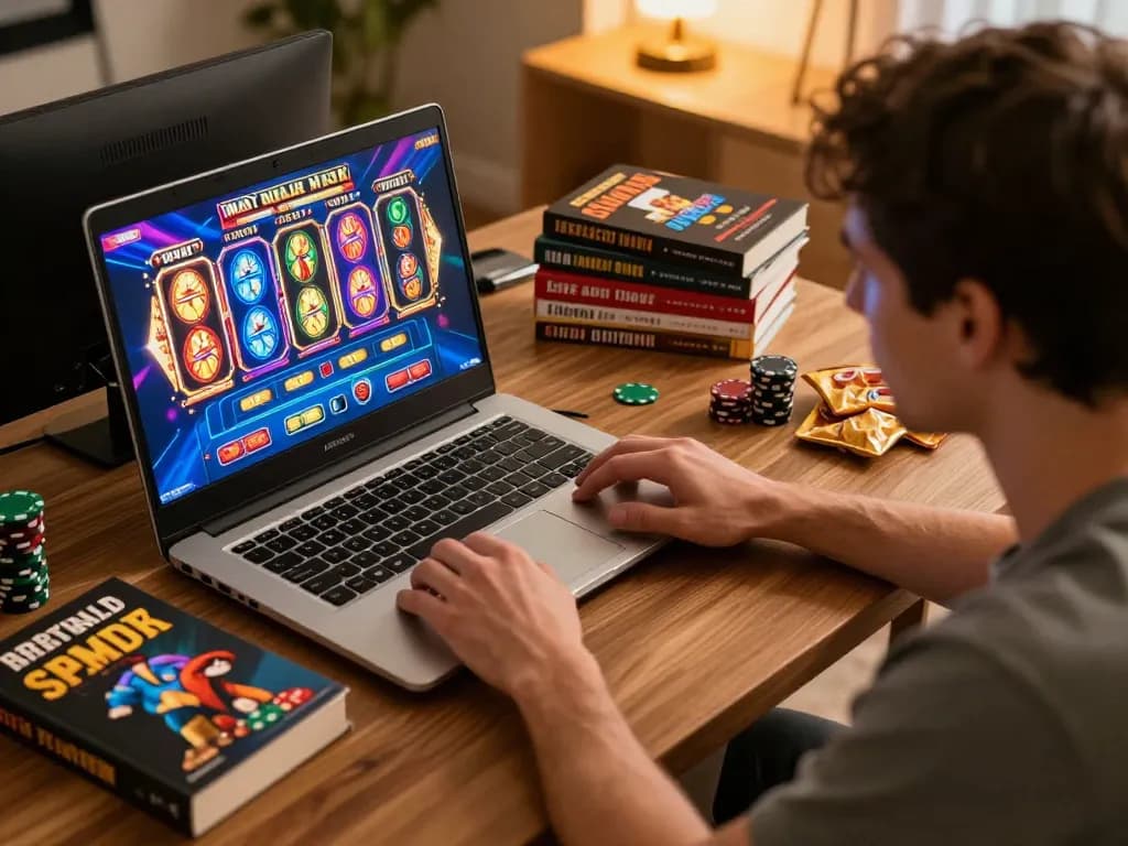 Player engaging in online gaming with 789 slots and strategies showcased in a cozy home setting