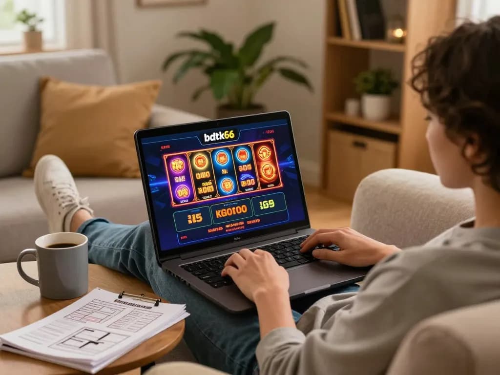 Engage in bdtk66 online gaming with a cozy home setup, showcasing a player on a laptop.