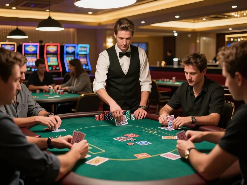 Players strategizing at a vibrant IWIN68 poker table, highlighting competitive gameplay and excitement.