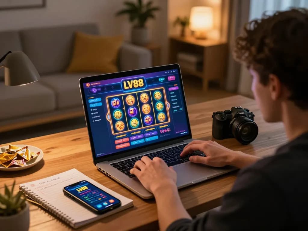 Player enjoying LV88 online casino gaming at home with detailed interface visible.