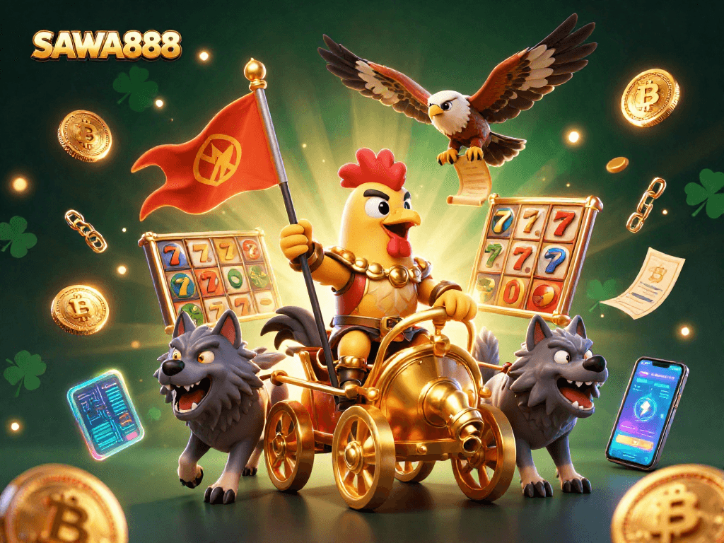 Engage with SAWA888's exciting slots featuring a rooster warlord, vibrant characters, and dynamic casino elements.