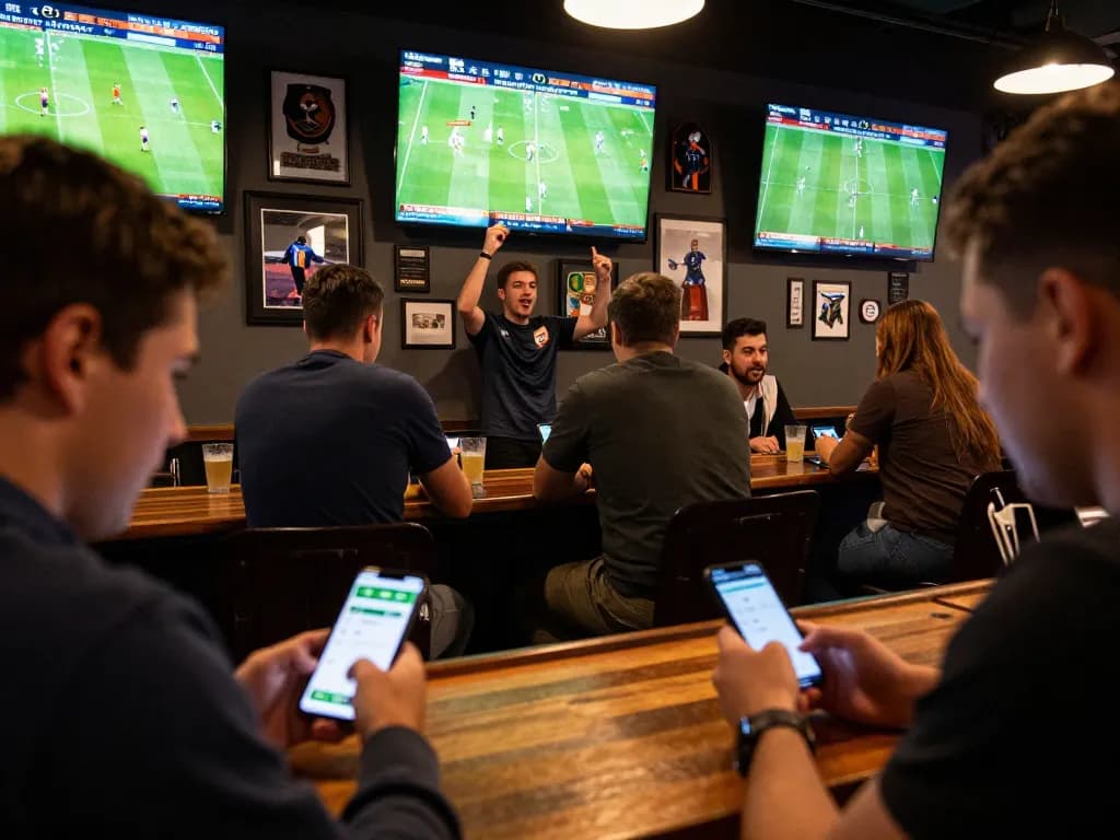 Engaged bettors using a smartphone app to follow Keo nha cai odds during live sports matches in an energized sports bar.
