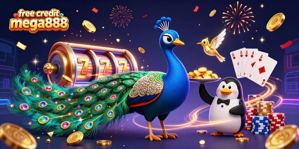 Maximize wins with free credit mega888 in a vibrant, celebratory casino-themed illustration.