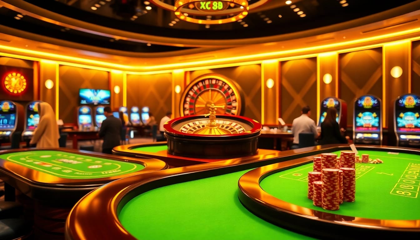 xin88 brand casino table with vibrant poker chips and an elegantly spinning roulette wheel.