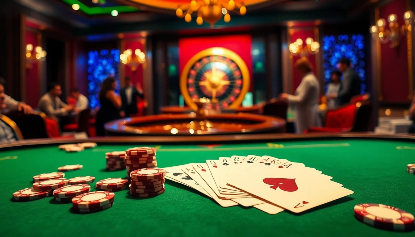 Players enjoying a high-stakes poker game at 123bet's luxurious casino, showcasing vibrant chips and cards.