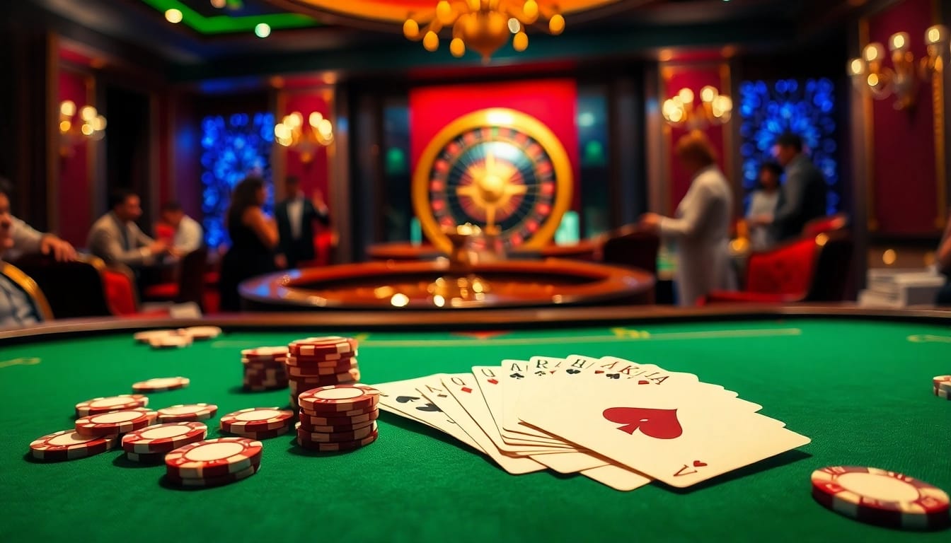 Players enjoying a high-stakes poker game at 123bet's luxurious casino, showcasing vibrant chips and cards.