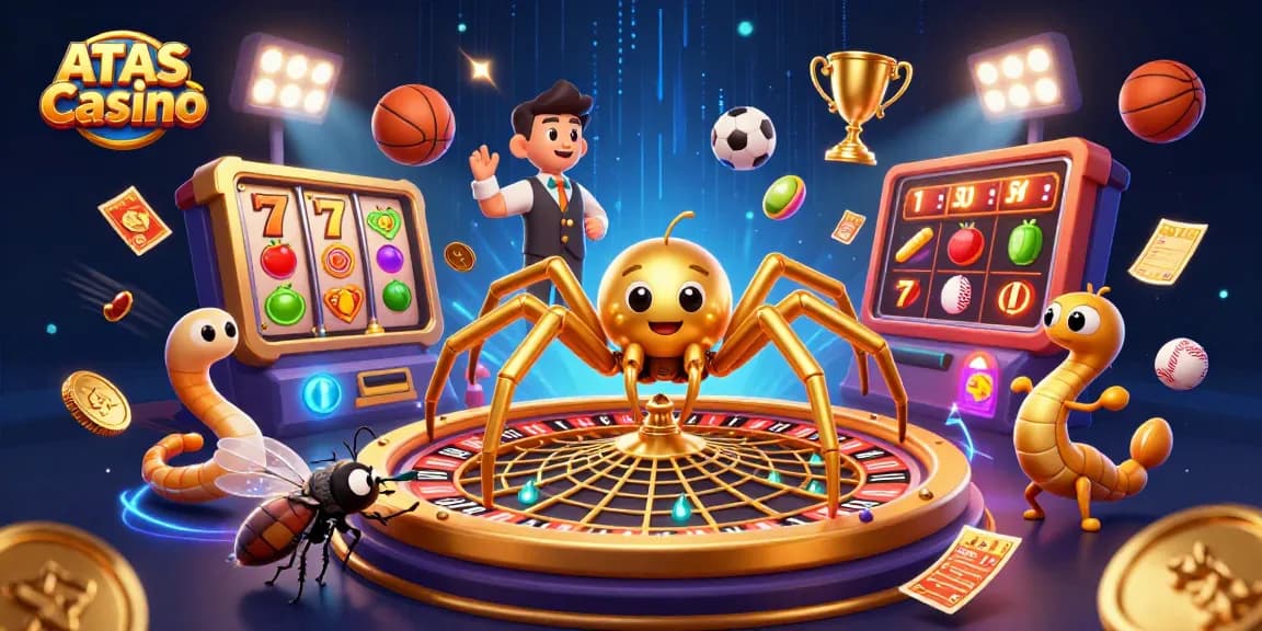 Bet and spin at ATAS Casino with a golden spider and centipede croupier in an exciting gaming scene.