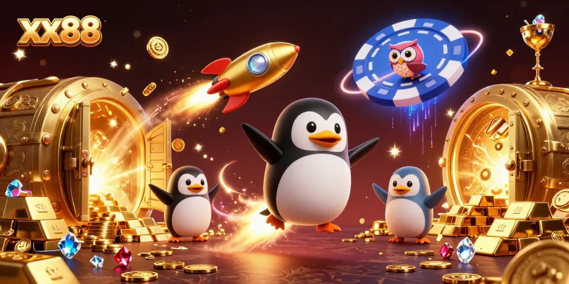 Join the exciting adventure with xx88's golden penguin in a vibrant casino universe!